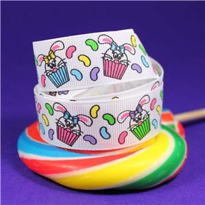 Sweet Treat Ribbon - 22mm White/Bunny Cupcake